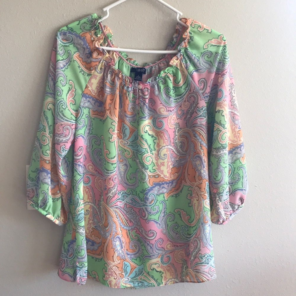 Chaps blouse pink paisley and green L